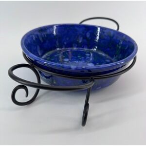 Vibrant Blue Ceramic Bowl with Scroll Metal Stand Enamel EUC Display Fruit Chips